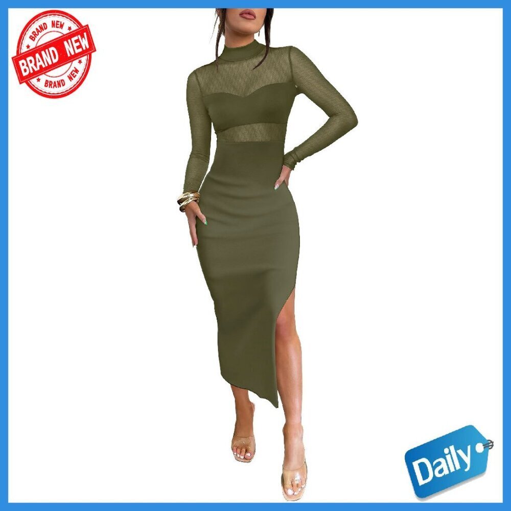 Long Sleeve Mesh Bodycon Dress Set 3 Piece Midi Club Outfit